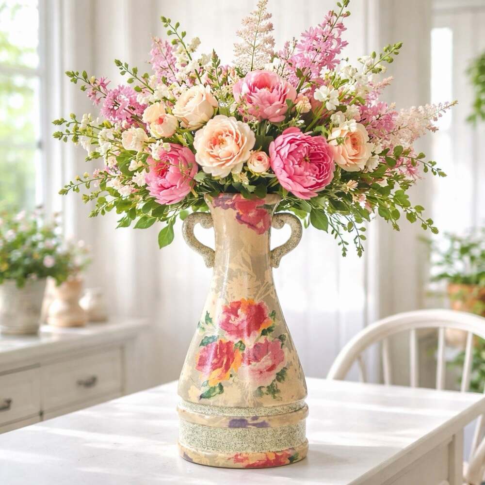 Vintage Large Floral Ceramic Vase Pink Roses Double Handles 17 Inch